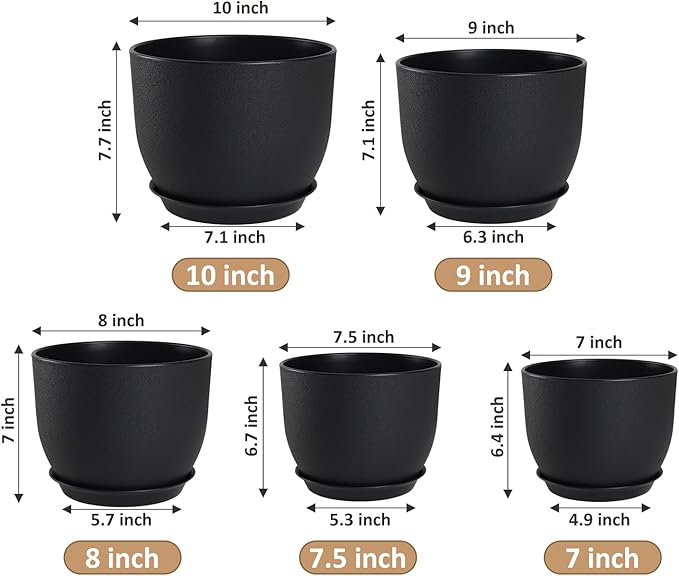 Plant Pots 10/9/8/7.5/7 inch Set of 5,Flower Pots with Multi Mesh Drainage Holes, Large Planters for Indoor Outdoor Garden Plants and Flowers. (Black)