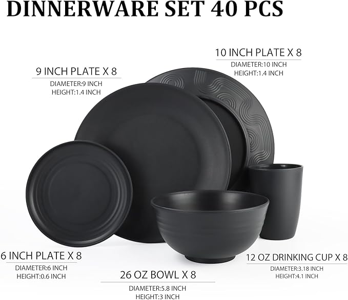 Kitchen Wheat Straw Dinnerware Set 40 PCS Dishes Sets for 8 Plastic Plates Reusable Dinner Plates Cereal Bowls Small Cups Dishwasher & Microwave Safe Unbreakable Dish Set for Picnic RV-Black