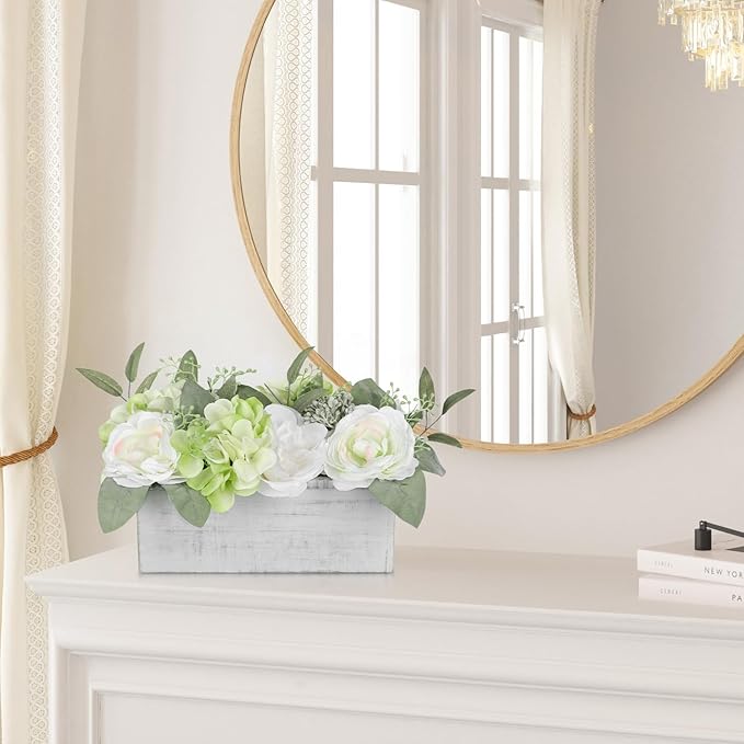 DILATATA Flower Arrangement with Wooden Vase 10" Artificial Flowers in Pot - Fake Flowers in White Rectangular Wooden Vase Potted Faux Flower Centerpieces for Table Decor Living Room - White