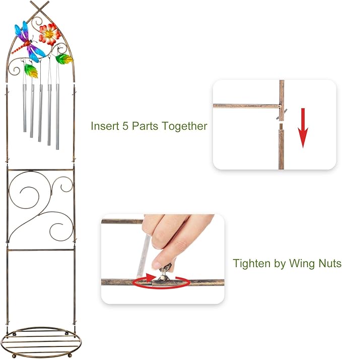 Plant Stands with Garden Trellis, 48” Metal Standing Wind Chimes Plant Pot Trellis with Dragonfly for Garden Patio Backyard Climbing Plants Outdoor Decor