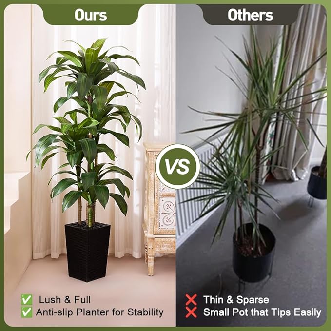 6FT Artificial Dracaena Tree - UV Resistant Faux Tropical Plant, Potted Fake Tree with Taper Planter & Pebbles - Indoor Outdoor Greenery for Home, Porch, Living Room, Bedroom Decor, VN127