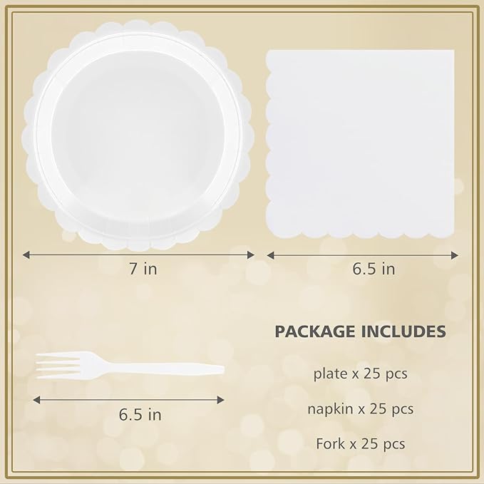White Paper Plates and Napkins,7 Inch White Scalloped Disposable Dessert Plates Paper Napkin Fork Party Supplies for Wedding Baby Shower Birthday(25 Guest)