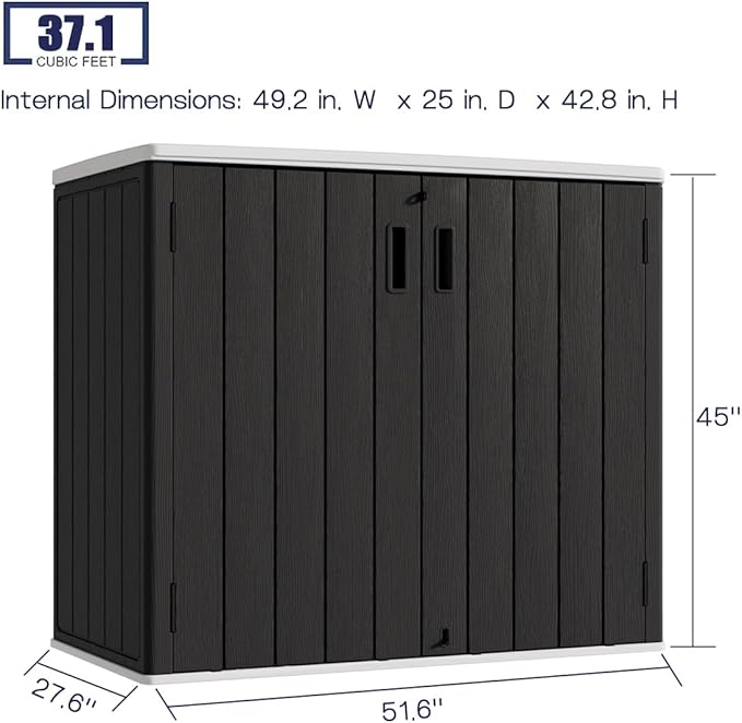 KINYING Outdoor Horizontal Storage Sheds,37 Cu.ft Outdoor Storage Cabinet Waterproof Resin Tool Storage Box for Lawn Mower,Garden Tools and Patio Furniture, Lockable (Black)
