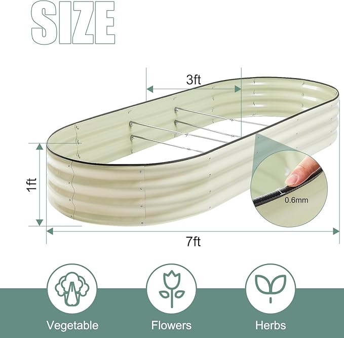12" Tall White Oval Galvanized Steel Raised Garden Bed - 7x3ft Modular Metal Planter Box for Outdoor Gardening | Durable Metal Raised Flower Beds Outdoor Large Planters for Porch & Yard