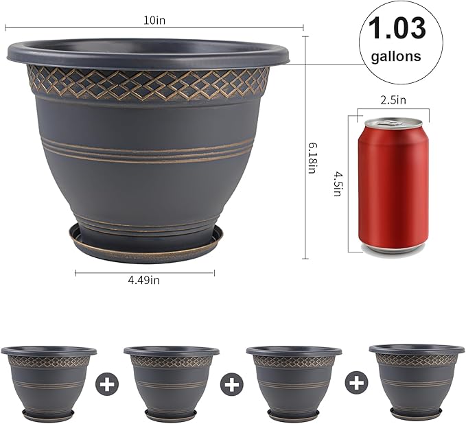 10 Inch 4 Pack Plant Pots, Plastic Flower Pot for Indoor & Outdoor with Drainage Holes & Saucer, Plaid Pattern Planters Garden Pots for Herbs