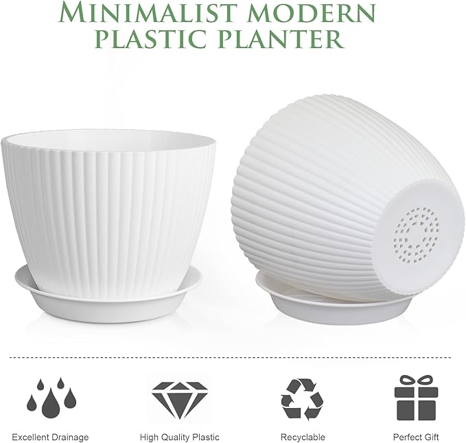 7/6.2/5.5/5/4.5/4 inch Plant Pots, 6 Pack Flower Pots for Small Indoor Outdoor Plants, Plastic Planters with Drainage Holes and Saucers for Garden Succulent House Plants, White