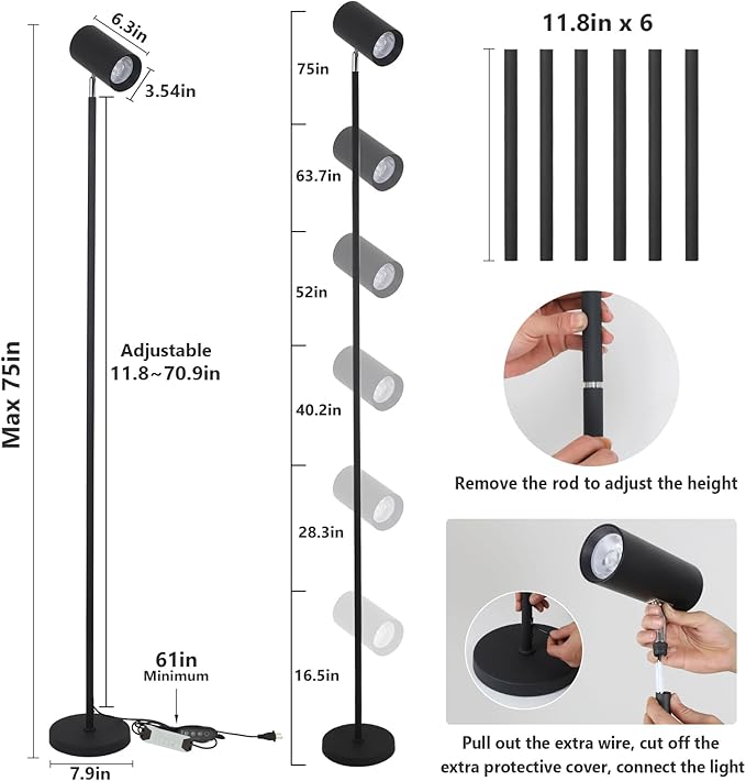 HMVPL 40W Grow Lights Stand for Indoor Plants Full Spectrum, Standing Plant Light for Indoor Growing with COB Plant Light Bulb, 4/8/12H Timer, Tall Growth Floor Lamp for Large Plant (6 Level Height)