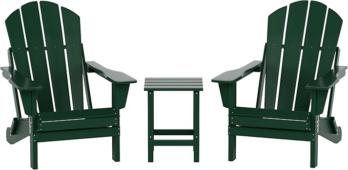 WO Home Furniture Adirondack Chairs Table Set of 3 PCS Outdoor Folding Chairs Side End Table Weather/UV Resistant for Lawn, Garden, Bon Fire, Balcony (Dark Green)
