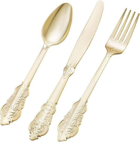 150PCS Gold Plastic Silverware for 50 Guests, Heavy Duty Gold Disposable Utensils Sets, Includes 50 Forks, 50 Spoons, 50 Knives, Elegant Cutlery Perfect for Wedding, Party