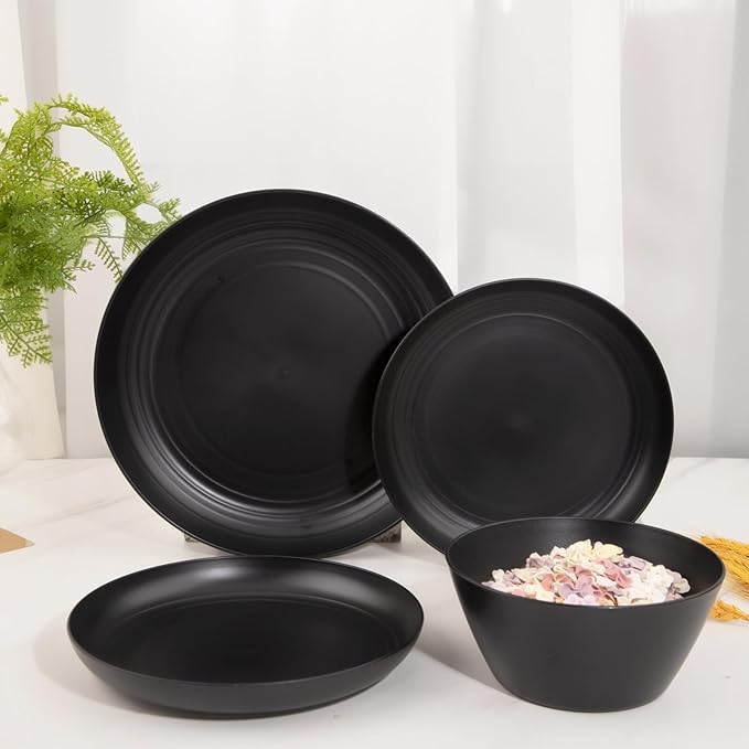 LIYH 48 Pcs Black Wheat Straw Plates and Bowls Dinnerware Set Camping Dish Set for 12,Plastic Plates and Bowls,Dishwasher Safe Dinnerware Set,Unbreakable Plastic Camper Dish Sets
