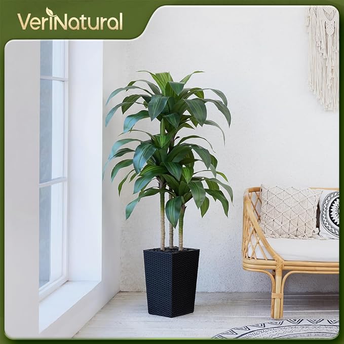 5FT Artificial Dracaena Tree - UV Resistant Faux Tropical Plant, Potted Fake Tree with Taper Planter & Pebbles - Indoor Outdoor Greenery for Home, Porch, Living Room, Bedroom Decor, VN127