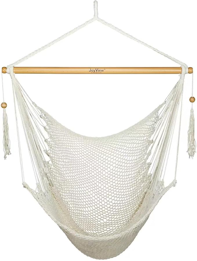 JoyView Hammock Chair with Spreader Bar Caribbean Hammock Swing Chair 300 LBS Weight Capacity XL Rope Hanging Chair for Outdoor Indoor Garden Yard - Natural White