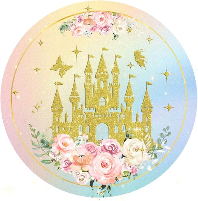 96PCS Princess Castle Plates and Napkins Girls Gold Princess Flower Castle Birthday Tableware Set Watercolor Pastel Rainbow Castle Party Table Decorations Favors Serves 24 Guests