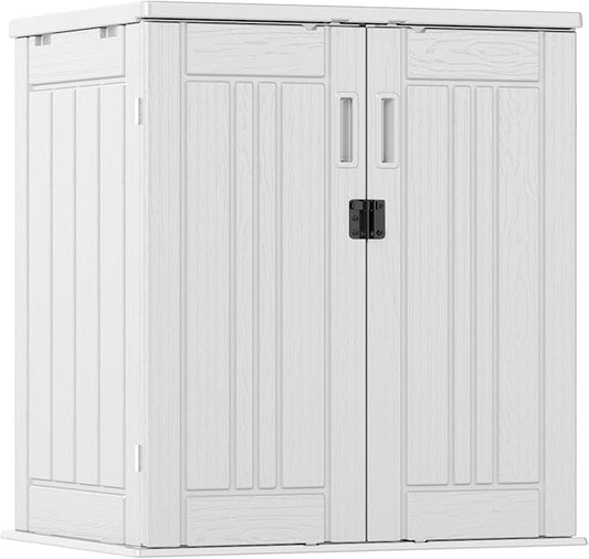 Outdoor Storage Cabinet with 2 Shelves, Waterproof Resin Vertical Tool Shed, Lockable 15 cu. ft. Storage Shed for Patio, Garden, Yard, Dark White