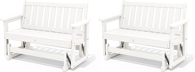 SERWALL Outdoor Glider Bench Set of 2, HDPE Weather-Resistant Swinging Bench for Backyard Garden Porch, White