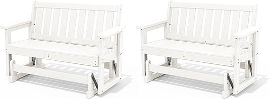 SERWALL Outdoor Glider Bench Set of 2, HDPE Weather-Resistant Swinging Bench for Backyard Garden Porch, White
