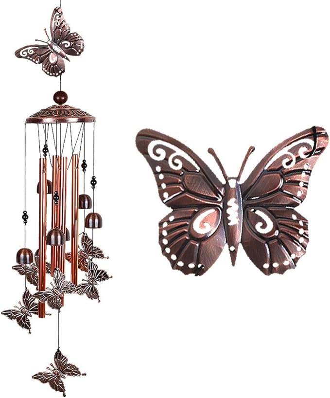 Butterfly Wind Chimes Outdoor Decor -with 4 Tubes 6 Bells 7 Butterflies 36In Waterproof Mobile Romantic Wind Catcher Butterfly Windchimes for Home, Xmas Mom Gifts, Festival,Balcony,Garden Decoration