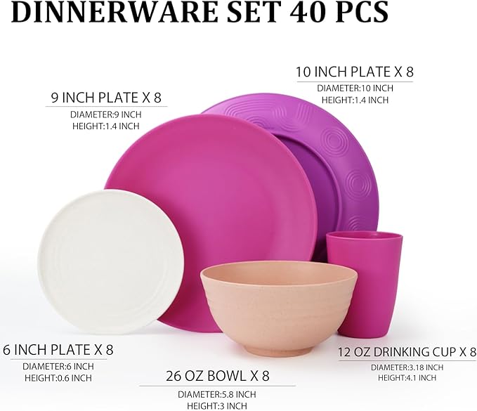 Wheat Straw Dinnerware Sets 40 PCS Bowl and Plate Sets With Cup Dishes Set for 8 Unbreakable Dish Sets Microwave Safe Plates Dinner Bowls Drinking Glasses With 4 Color - Flower Color