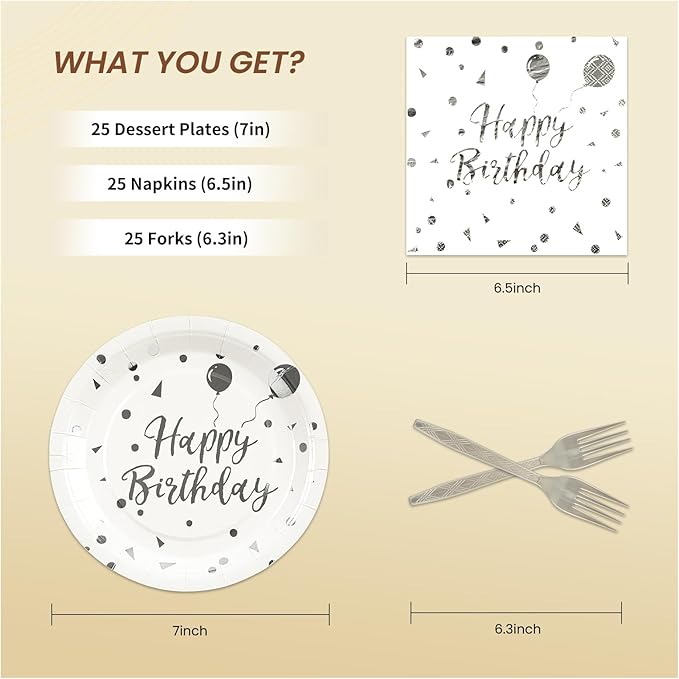 75PCS Happy Birthday Paper Plates - 7 Inch White Sliver Dot Paper Plates and 6.5 Inch Napkins with 6.3 Inch Sliver Forks Disposable Tableware Set for Birthday Party Decorations, Serve 25