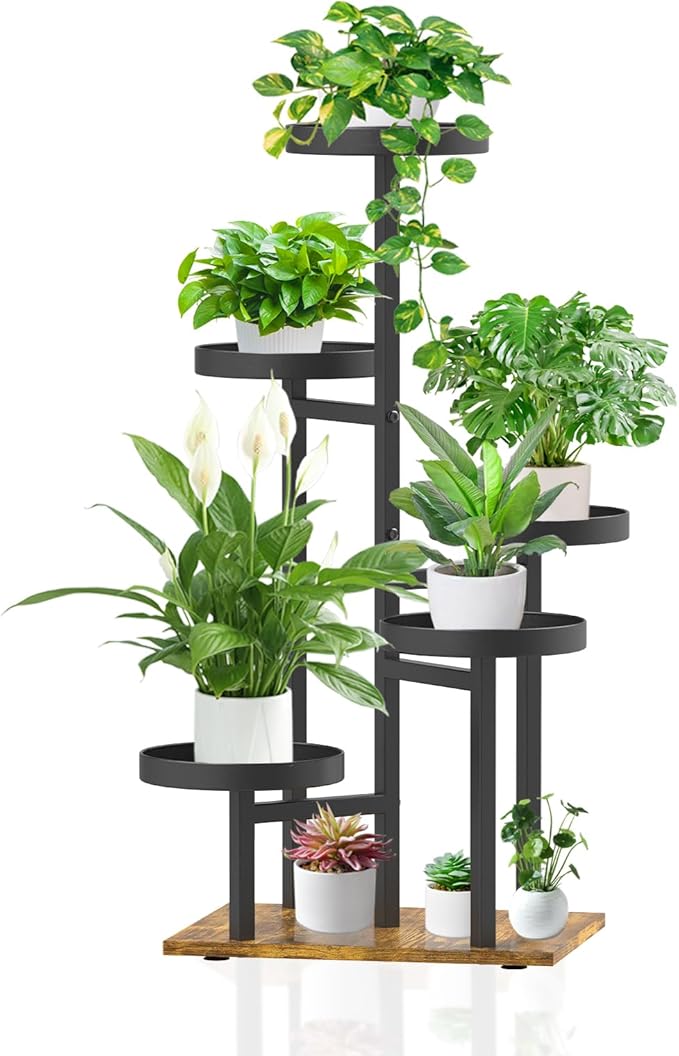 iDavosic.ly 5 Tier Plant Stand Indoor, Tiered Corner Flower Holder Shelf Outdoor, Metal Tall Orchid Display Rack for Patio Porch Garden Balcony Office Bedroom, Black and Brown