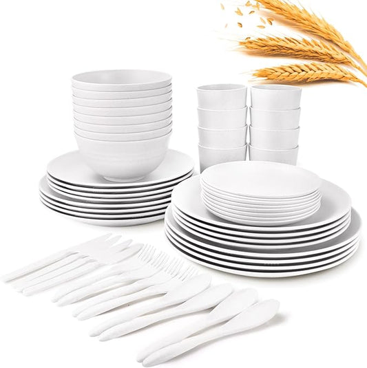 Wrova Wheat Straw Plate and Bowl sets with cups and cutlery set of 64 - Unbreakable Dinnerware service for 8 - Microwave and Dishwasher safe dish sets for kitchen,indoors and out doors.White