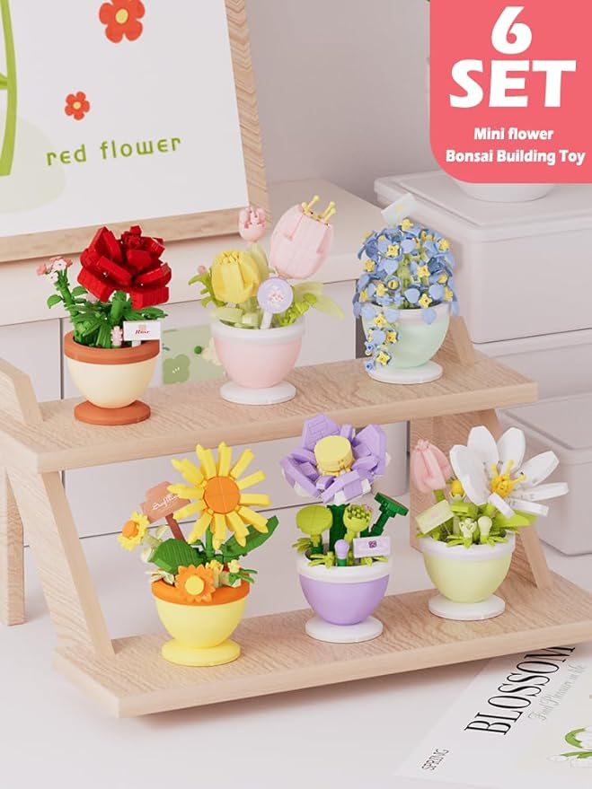 6 Set Mini Flower Bonsai Building Toy Potted Plant Blocks Artificial Particle Flower Botanical