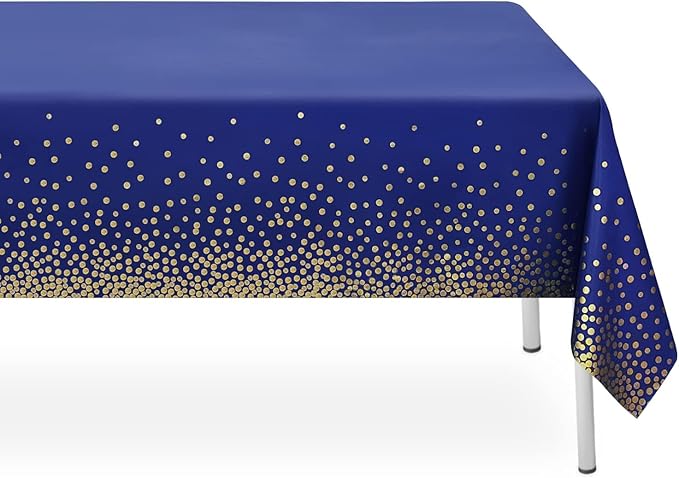 2 Pack Navy Blue and Gold Dot Tablecloth, Blue Plastic Table Cloths for Parties Disposable, 54x108in Waterproof Rectangular Camping Tablecloth for Birthday Party Graduation Picnic Baby Shower