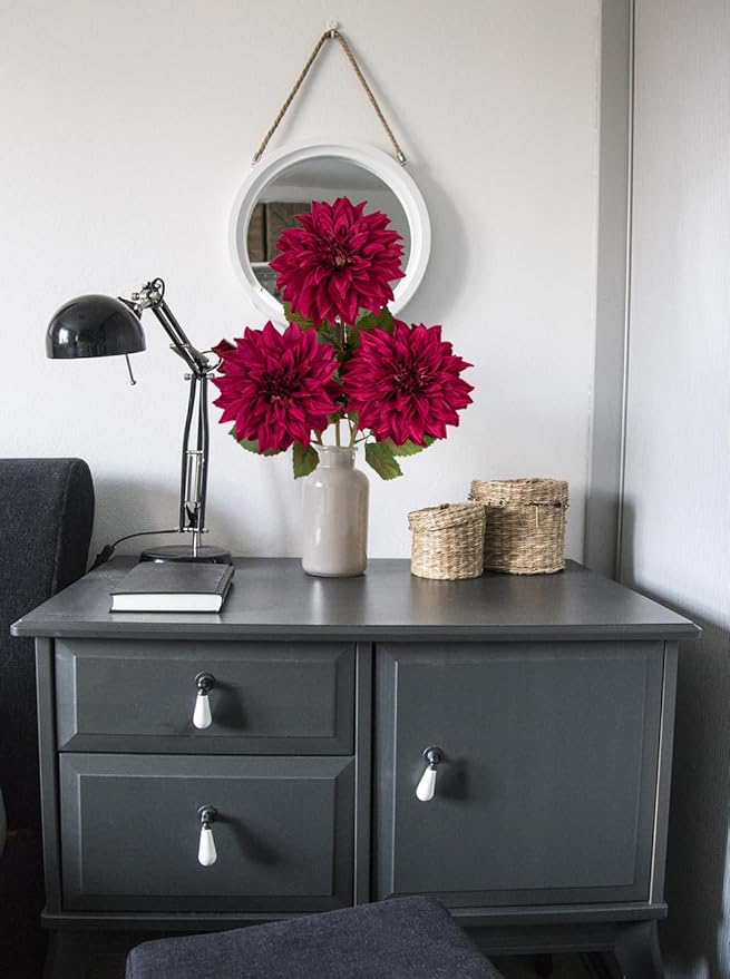 3Pcs Purplish Red Artificial Dahlia Flowers Fall Fake Flower Silk Flowers with Long Stem 28" Floral Arrangements Bouquets Autumn Faux Dahlias Flowers for DIY Wedding Party Centerpieces Home Decor