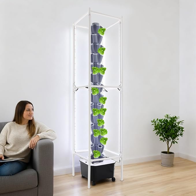 70 Holes Indoor Hydroponic Grow Tower with 8 LED Lights, 14 Layer Vertical Hydroponic Gardening Tower with Wheels, Timer, Garden Growing System Kit or Home, Office, Balcony, Kitchen, 84.64'' H