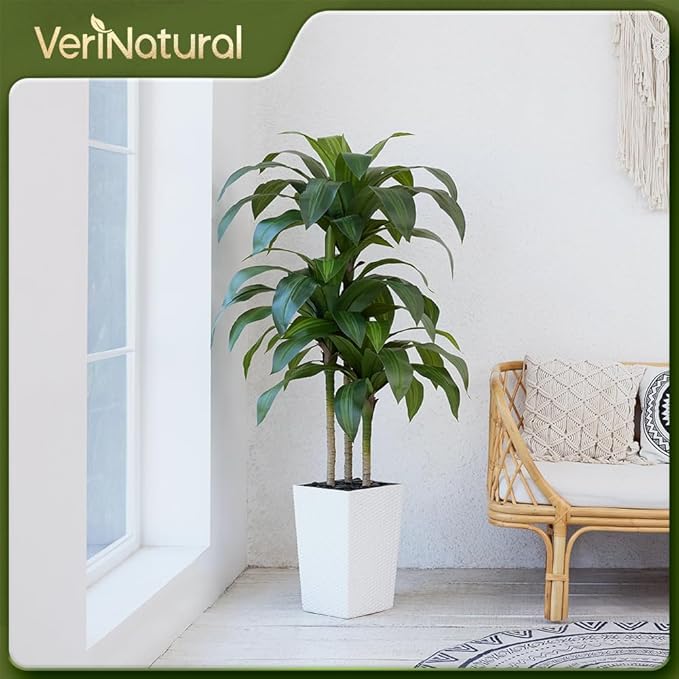 5FT Artificial Dracaena Tree - UV Resistant Faux Tropical Plant, Potted Fake Tree with Taper Planter & Pebbles - Indoor Outdoor Greenery for Home, Porch, Living Room, Bedroom Decor, VN127