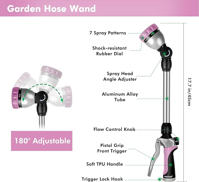 RESTMO Metal Watering Wand, Heavy Duty Garden Hose Wand with 180° Swivel Ratcheting Head, 16'' Hose Nozzle Sprayer with 7 Spray Patterns and Flow Control, for Water Hanging Baskets and Shrubs, Pink