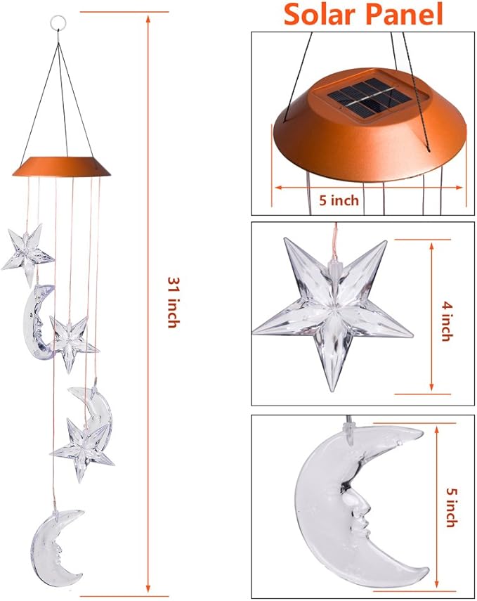 LED Solar Moon and Star Wind Chimes Outdoor - Waterproof Solar Mobile Romantic Changing Color Stars and Moon Wind Chimes Light Decor for Home, Gifts For Mom, Balcony, Festival, Night Garden Decoration