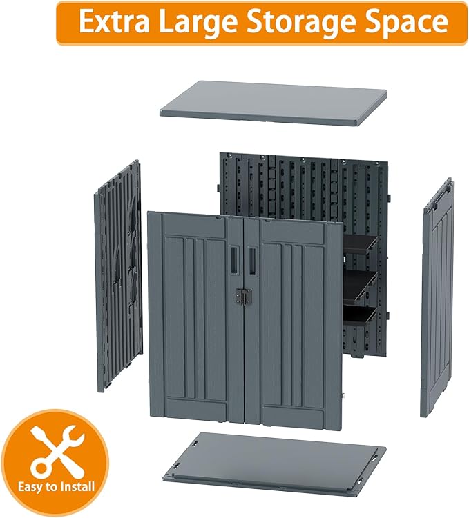 Outdoor Storage Cabinet with 2 Shelves, Waterproof Resin Horizontal Tool Shed, Lockable 15 cuft. Storage Shed for Patio, Garden, Yard, Grey