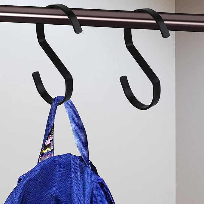 16-Pack 4 Inch Flat S Shape Hooks Heavy-Duty Chrome Finish Hanging S Hooks for Kitchenware, Pots, Utensils, Plants, Towels, Gardening Tools, Clothes (Black)