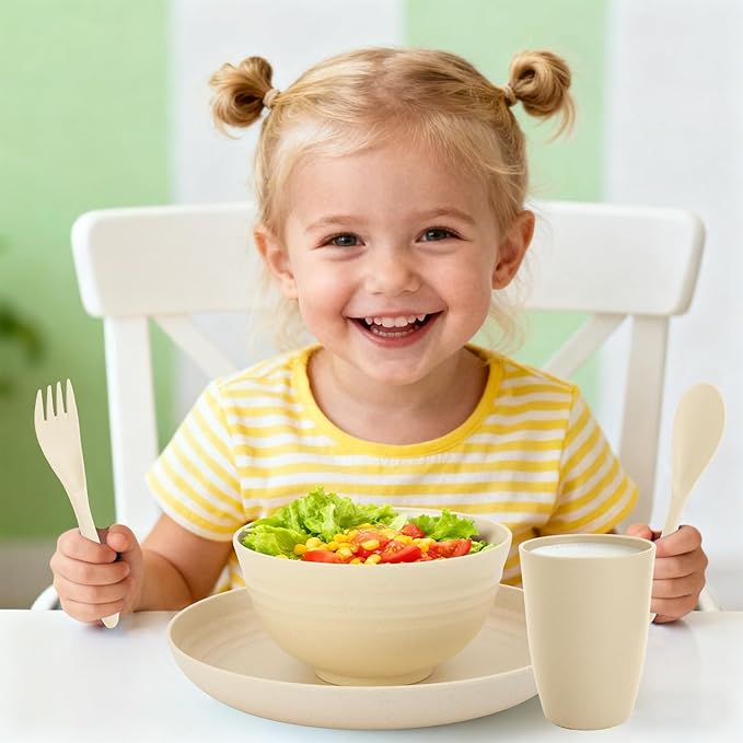 Kitchen Wheat Straw Dinnerware Sets for 4, Unbreakable Dish Set 20-Piece - Dinner Plate/Cereal Bowl/Cup/Fork/Spoon, for Outdoor Camping, RV, Apartment Essentials - Beige