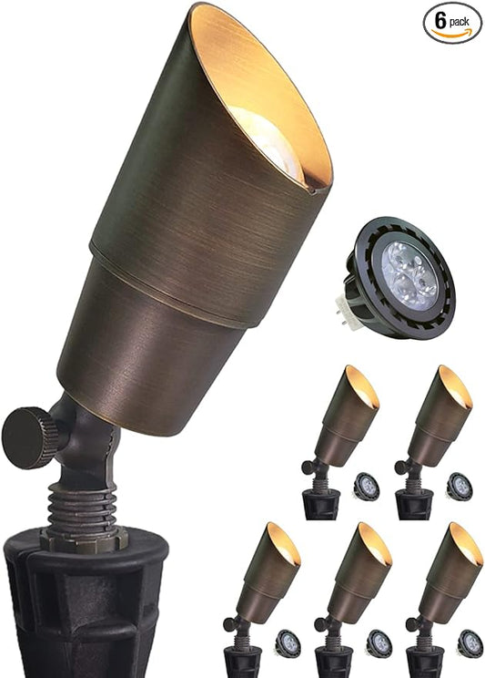 MALORY Brass Landscape Spotlight 6-Pack with Bulb(S01), Low Voltage 12V AC/DC LED Outdoor Landscape Lighting,PVC Ground Stake and Wire Connector Included, Garden Patio Trees Spot Uplight
