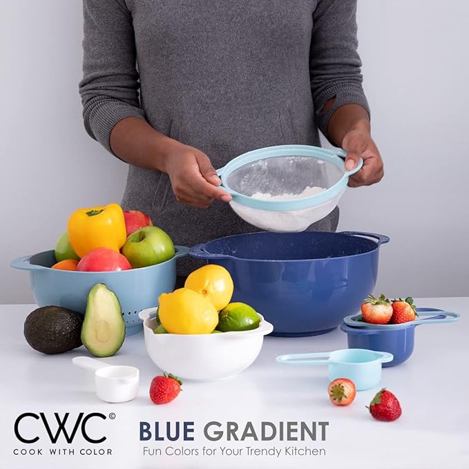 COOK WITH COLOR 8Pc Nesting Bowl Set, Teal - Includes 2 Mixing Bowls, Colander, Sifter, 4 Measuring Cups, Polypropylene, Dishwasher Safe, BPA Free