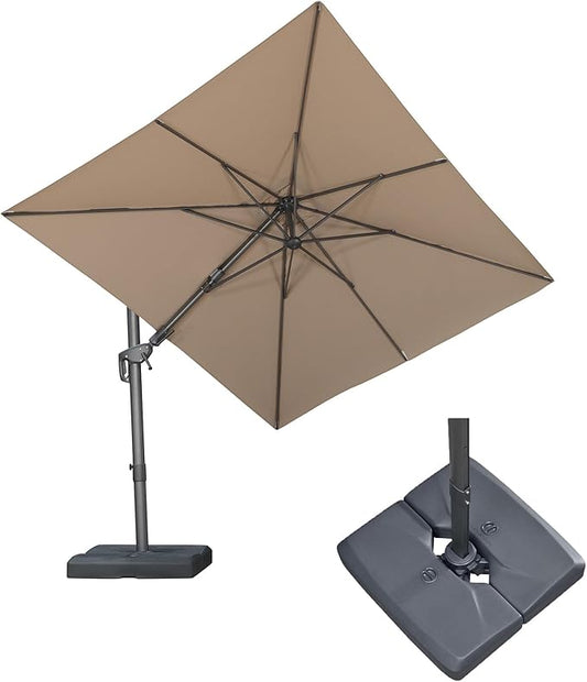 PURPLE LEAF 8' X 10' Swivel Outdoor Patio Aluminum Umbrella with Base Left-right Tilting Cantilever Offset Umbrella with UV Resistant Heavy Duty Fabric for Deck Pool Patio Backyard, Sand Dune