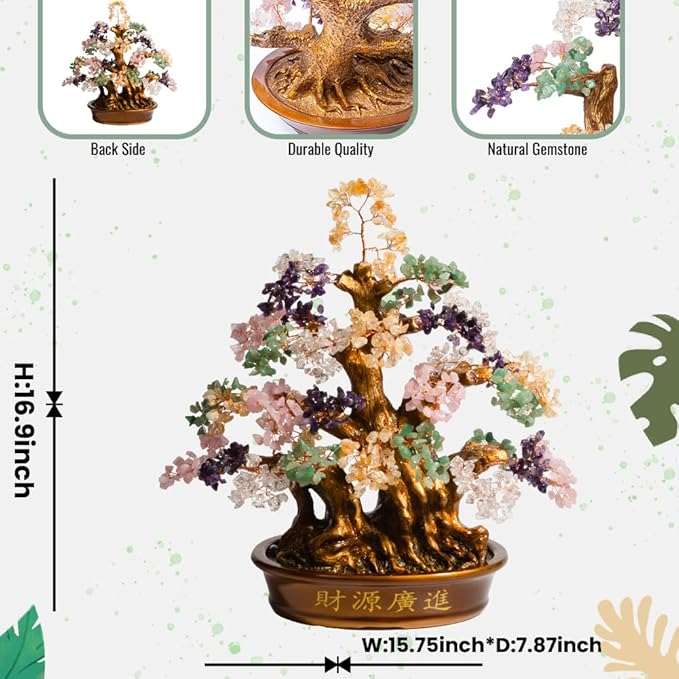Natural Bonsai Feng Shui Money Tree, 18'', Includes Lucky Coins Chain, Tree of Life (1300 Gemstone Count), Good Luck and Wealth