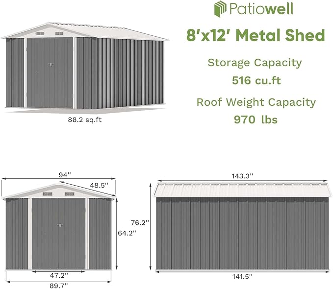 Patiowell 8 x 12 FT Metal Storage Shed for Outdoor, Steel Yard Shed with Design of Lockable Doors, Utility and Tool Storage for Garden, Backyard, Patio, Outside Use, Grey
