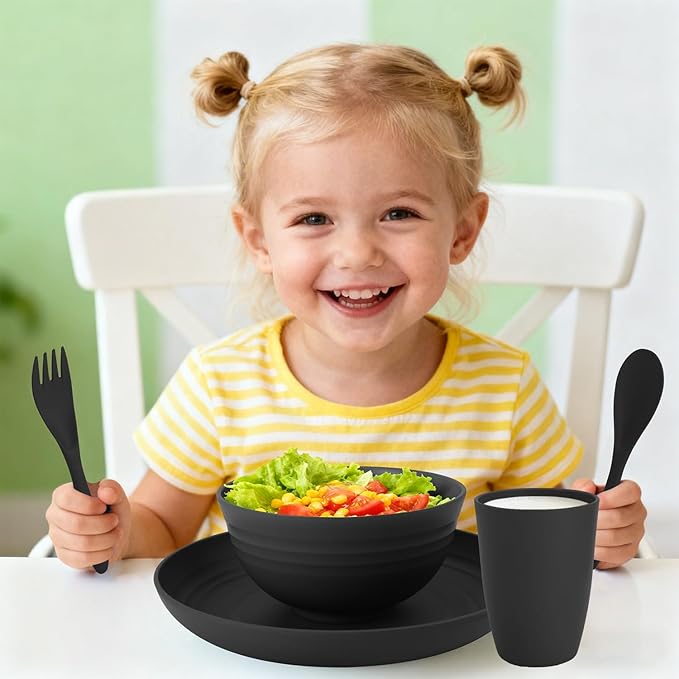 Wheat Straw Dinnerware Sets, Unbreakable Plates and Bowls Sets 20-Piece Service for 4，Plastic Outdoor Camping Dishes, Microwave & Dishwasher Safe - Black