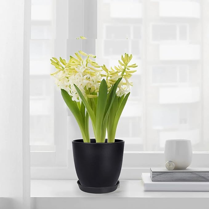 Plant Pots, 12 Pack 6 inch Modern Plastic Planters with Drainage Holes and Saucers for Indoor Outdoor Plants and Flowers, Black