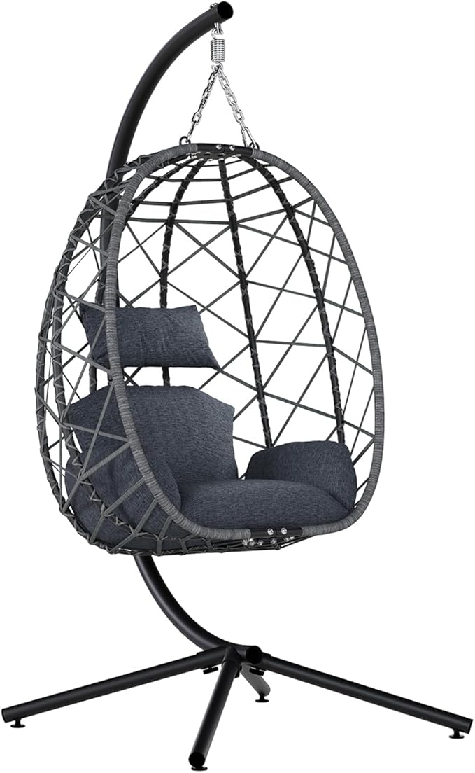 SWITTE Egg Swing Chair with Stand, Outdoor Patio Hanging Egg Chair, Indoor Hammock Chair with Cushion for Garden Backyard, 400LBS Capacity-Dark Grey