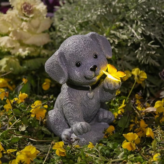 Solar Dog Statue with Butterfly Lantern - Outdoor Garden Decor with LED Lights for Patio, Yard, Balcony - Waterproof Cute Dog Sculpture, Ideal Housewarming Gardening Gifts for Women, Mom, Grandma