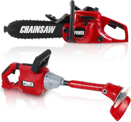 2 Pcs Toy Gardening Tool Set for Kids Toy Chainsaw, Weed Trimmer Battery Powered Gardening Tool Set with Lights and Sounds Gift for Boys Girls