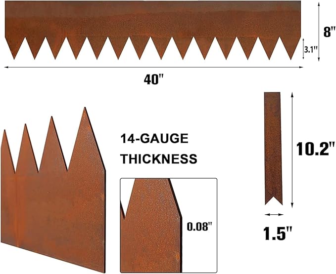 Worth Garden 6 Pack Cor-Ten Steel Landscape Edging w/Rust Patina Finish - 40" L x 8" H Strips - Hammer-in 14-Gauge Metal Corten Edging Border w/ 7 Clips & Gloves - Edge for Lawn Yard (20Ft Total)