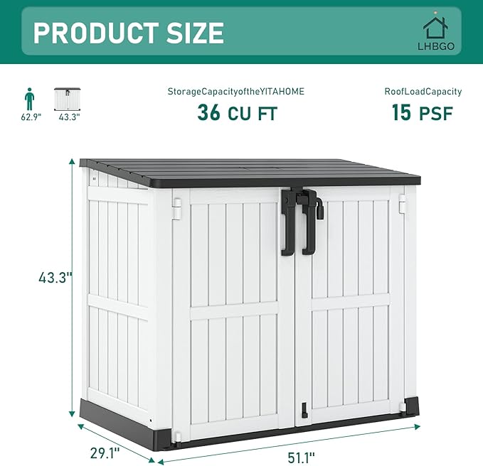 Horizontal Resin Storage Shed 36 Cu Ft with Lockable Doors, Portable Outdoor Storage Cabinet -Waterproof Outdoor Storage Box for Backyards, Easy to Assemble