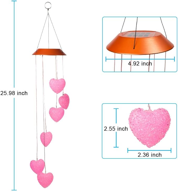 Loving Heart Solar Wind Chimes Outdoor Hanging - Waterproof Solar Powered LED Changing Lights Color Mobile Romantic Wind-Bell 6 Heart-Shaped Wind Chimes Gifts for Home, Party, Night Garden Decoration