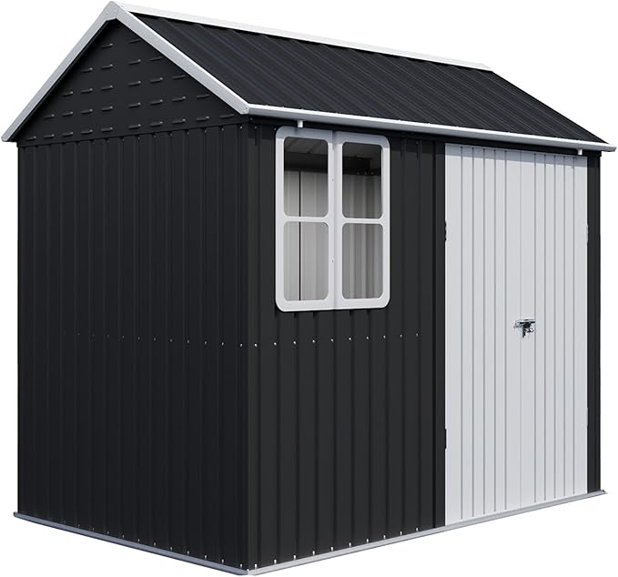 VanAcc 8.6x6x8 FT Outdoor Storage Shed with Lockable Hinged Double Doors and Upgraded Vents, Metal Shed for Backyard, Garden, Patio, Dark Black/White