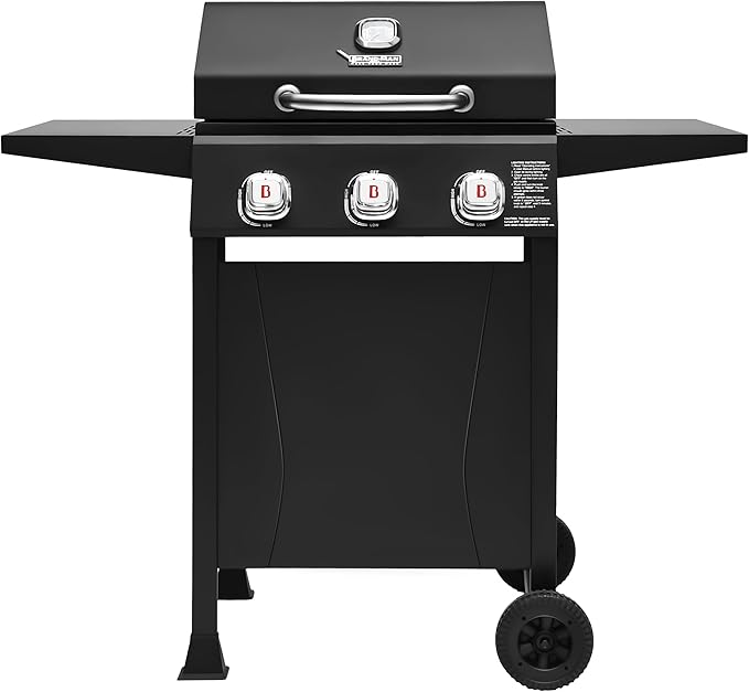 Brand-Man 3-Burner Propane Gas Grill, 27,000 BTU BBQ Grill with Porcelain-Enameled Grates, Built-In Thermometer, Side Shelves, Heavy-Duty Wheels – Outdoor Grill for Patio, Backyard & Garden